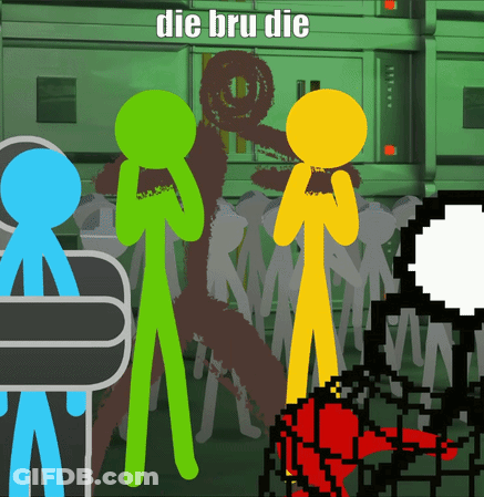 A Group Of Stick Figures Are Standing In A Room With The Words Die Bru Die Written Above Them GIF