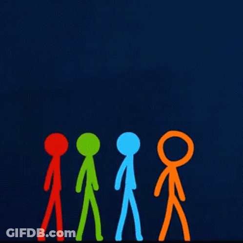 A Group Of Stick Figures Standing Next To Each Other On A Blue Background GIF