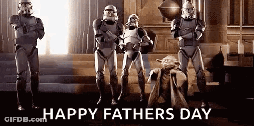 A Group Of Stormtroopers And Yoda Are Standing Next To Each Other In A Room On Father 'S Day . GIF