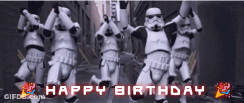 Stormtroopers Dancing On Street With Happy Birthday Text GIF