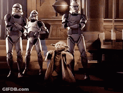 A Group Of Stormtroopers Standing Next To A Yoda Figure GIF