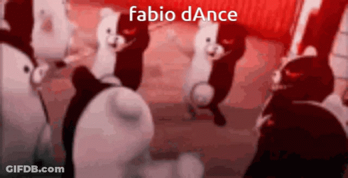 A Group Of Stuffed Animals Are Dancing In A Circle With The Words Fabio Dance Written On The Bottom GIF