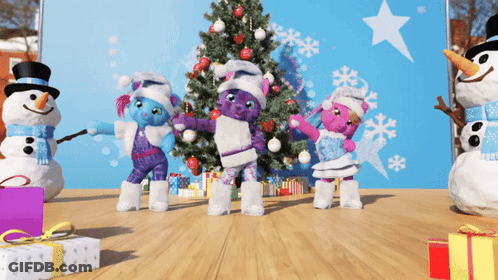 A Group Of Stuffed Animals Are Dancing In Front Of A Christmas Tree And Snowmen GIF