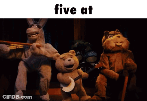 A Group Of Stuffed Animals Are Playing Music And The Words Five At The Top GIF