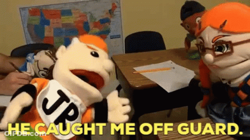 A Group Of Stuffed Animals Are Sitting At Desks In A Classroom With The Words He Caught Me Off Guard . GIF