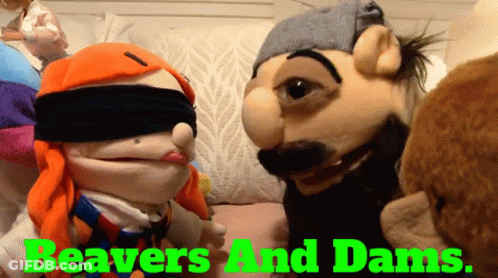 A Group Of Stuffed Animals Are Sitting On A Couch With The Words Beavers And Dams Above Them GIF