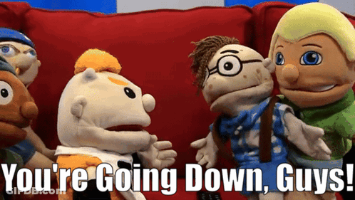 A Group Of Stuffed Animals Are Sitting On A Red Couch With The Words " You 'Re Going Down Guys " Above Them GIF