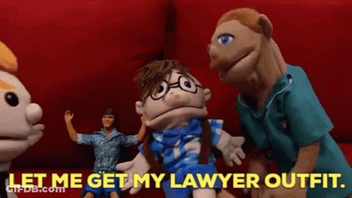 A Group Of Stuffed Animals Are Standing Next To Each Other And One Of Them Says Let Me Get My Lawyer Outfit GIF