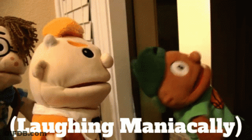 A Group Of Stuffed Animals Are Standing Next To Each Other With The Words Laughing Maniacally Below Them GIF