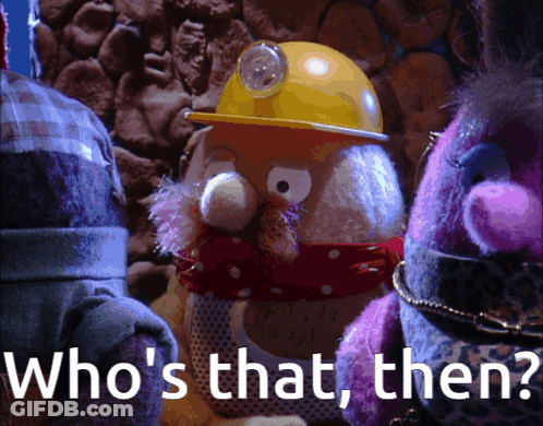 A Group Of Stuffed Animals Are Standing Next To Each Other With The Words " Who 'S That Then " Above Them GIF