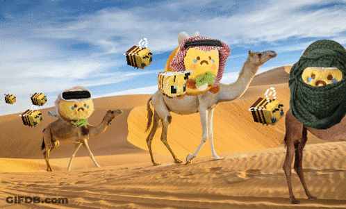 A Group Of Stuffed Animals Are Walking Through The Desert GIF