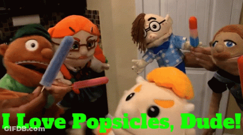A Group Of Stuffed Animals Holding Popsicles With The Words " I Love Popsicles Dude " On The Bottom GIF