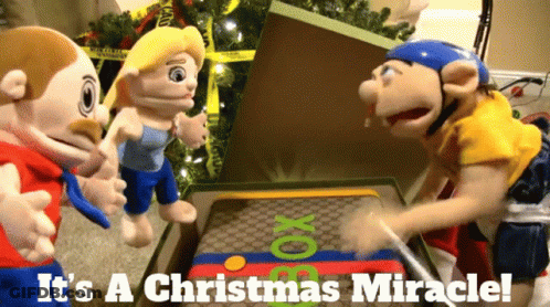 A Group Of Stuffed Animals Playing A Game With The Words It 'S A Christmas Miracle On The Bottom GIF