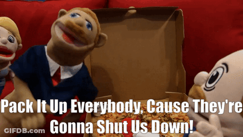 A Group Of Stuffed Animals Sitting Around A Pizza Box With The Words Pack It Up Everybody Cause They GIF