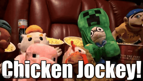 A Group Of Stuffed Animals Sitting On A Couch With Chicken Jockey Written In White GIF