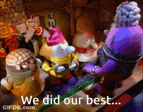 A Group Of Stuffed Animals Standing In Front Of A Fireplace With The Words We Did Our Best GIF