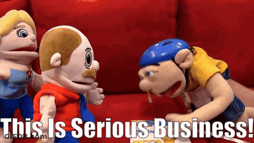 A Group Of Stuffed Animals Standing Next To Each Other With The Words This Is Serious Business Below Them GIF