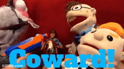 A Group Of Stuffed Animals With The Word Coward In Blue Letters GIF