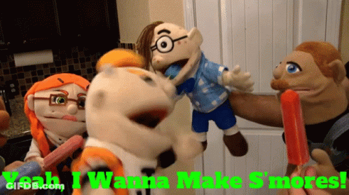 A Group Of Stuffed Animals With The Words Yeah I Wanna Make S'mores Written Above Them GIF