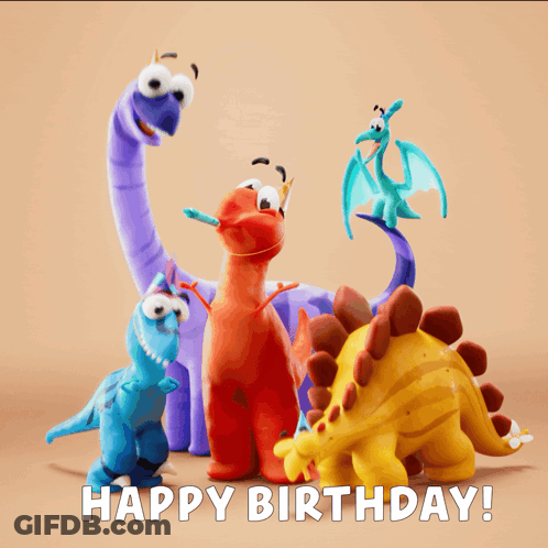 A Group Of Stuffed Dinosaurs Standing Next To Each Other With The Words Happy Birthday Written Below Them GIF
