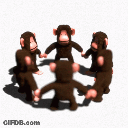 A Group Of Stuffed Monkeys Standing In A Circle Holding Hands GIF