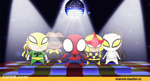 A Group Of Superhero Characters Are Dancing In Front Of A Disco Ball With The Url Marvel.reactor.cc At The Bottom GIF