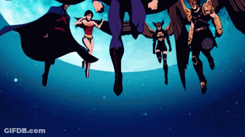 A Group Of Superheroes Are Flying In The Air With A Full Moon In The Background GIF