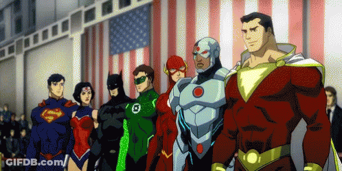 A Group Of Superheroes Standing In Front Of A Flag GIF