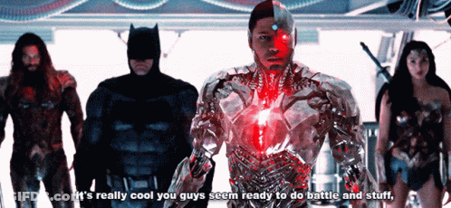 A Group Of Superheroes Standing Next To Each Other With One Saying It 'S Really Cool GIF