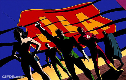 A Group Of Superheros Are Standing In Front Of A Sign That Says Iia GIF
