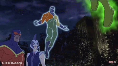 A Group Of Superheros Are Standing Next To Each Other With A Marvel Logo In The Corner GIF