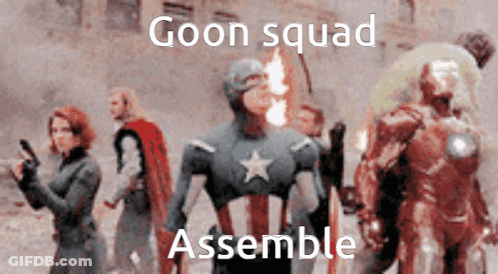 A Group Of Superheros With The Words Goon Squad Assemble On The Bottom Right GIF
