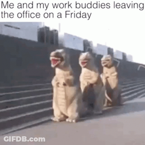 A Group Of T-Rex Costumes Are Walking Down A Street . GIF