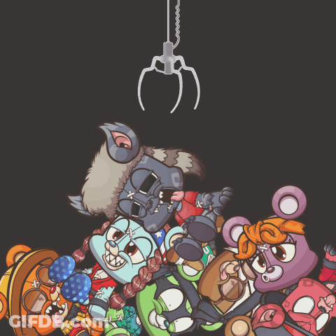 A Group Of Teddy Bears Are Gathered Around A Claw Holding A Cartoon Character GIF