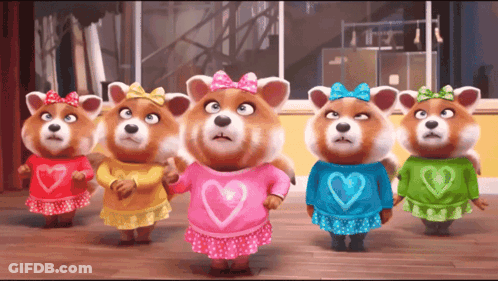 A Group Of Teddy Bears Wearing Hearts On Their Shirts GIF