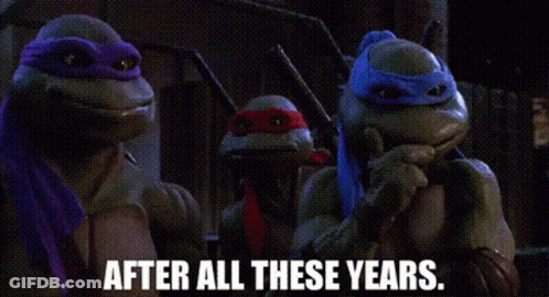 A Group Of Teenage Mutant Ninja Turtles Are Standing Next To Each Other And Talking . GIF