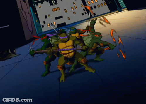 A Group Of Teenage Mutant Ninja Turtles Holding Weapons In Front Of A Building GIF