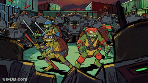 A Group Of Teenage Mutant Ninja Turtles Standing In Front Of Robots GIF