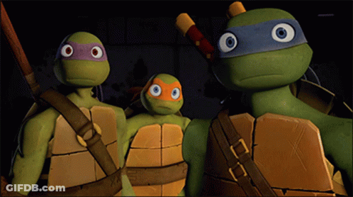 A Group Of Teenage Mutant Ninja Turtles Standing Together GIF