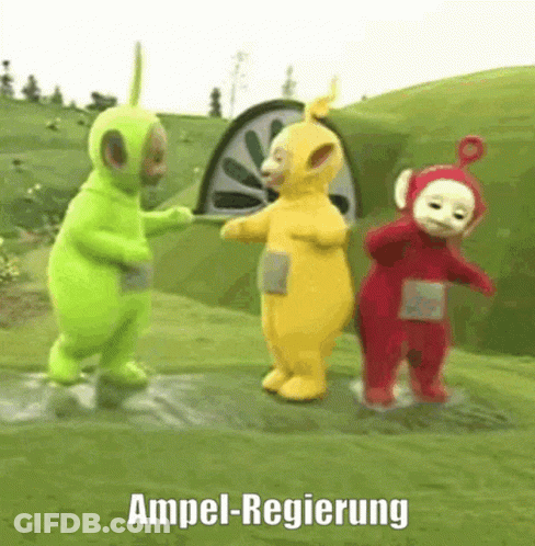 A Group Of Teletubbies Are Dancing In A Field With The Words Ampel-Regierung Written Below Them GIF