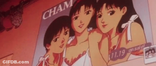 A Group Of Three Anime Girls Are Standing Next To Each Other On A Wall . GIF