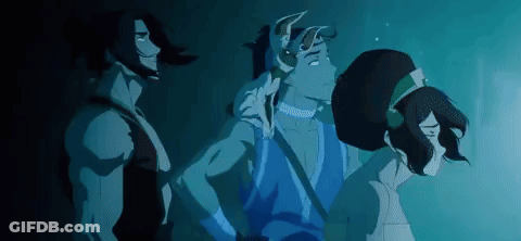 A Group Of Three Cartoon Characters Are Standing Next To Each Other In A Dark Room . GIF