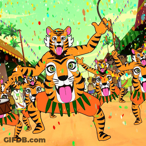 A Group Of Tigers Are Dancing In A Parade GIF