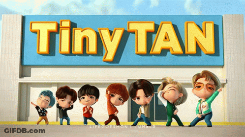 A Group Of Tiny Tan Characters Are Dancing In Front Of A Building GIF