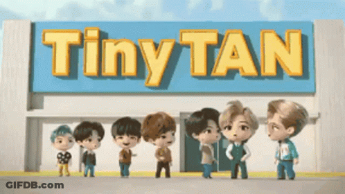 A Group Of Tiny Tan Characters Standing In Front Of A Building GIF