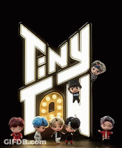 A Group Of Tiny Tan Dolls Are Standing In Front Of A Sign . GIF