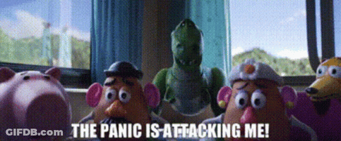 A Group Of Toy Story Characters Are Standing In Front Of A Window With The Words The Panic Is Attacking Me GIF