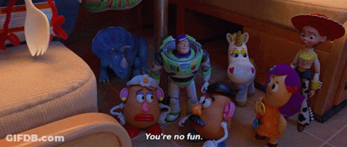 A Group Of Toy Story Characters Including Buzz Lightyear And Mr. Potato Head GIF