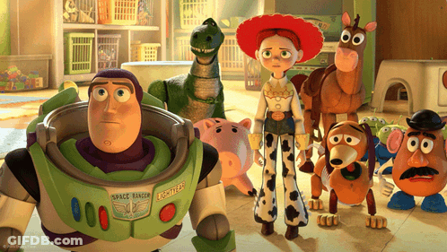 A Group Of Toy Story Characters Including Buzz Lightyear Jessie And Bullseye GIF