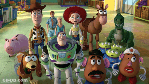 A Group Of Toy Story Characters Including Woody Buzz Lightyear And Mr Potato Head GIF